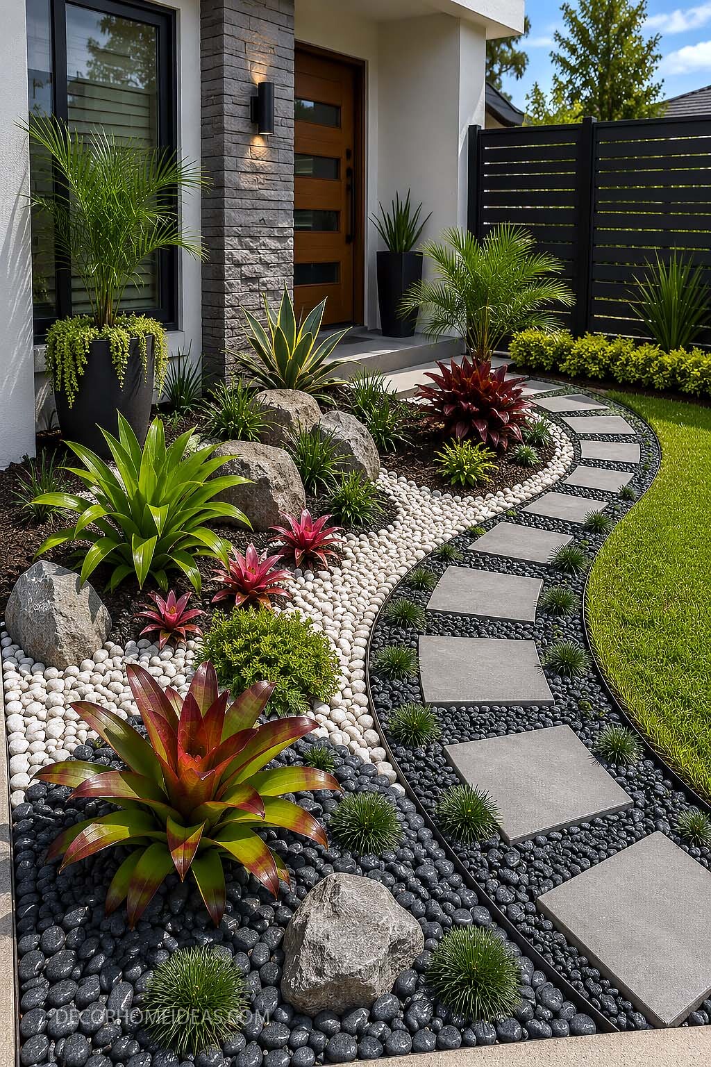 Modern Front Yard Landscaping With Black Pebble Walkway and Tropical Plants