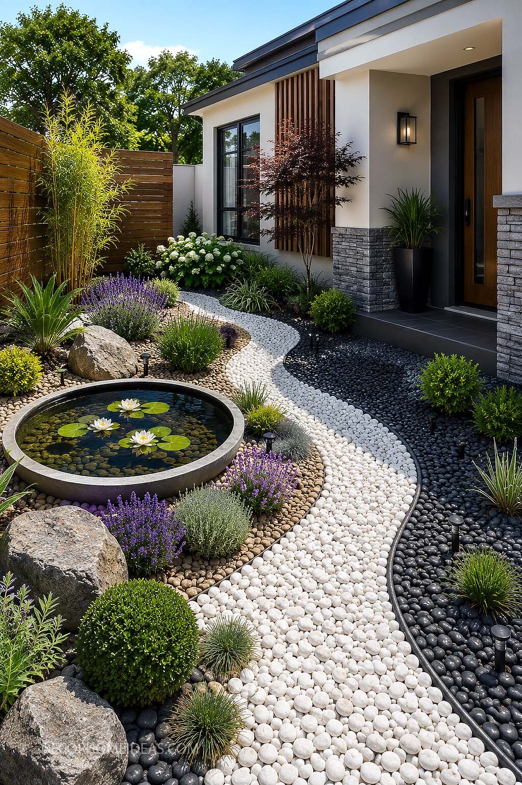 Modern Front Yard Water Feature With White Pebble Path Landscaping