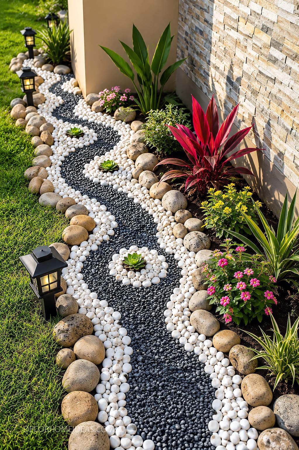 Modern Rock Garden Border With Black and White Pebble Path