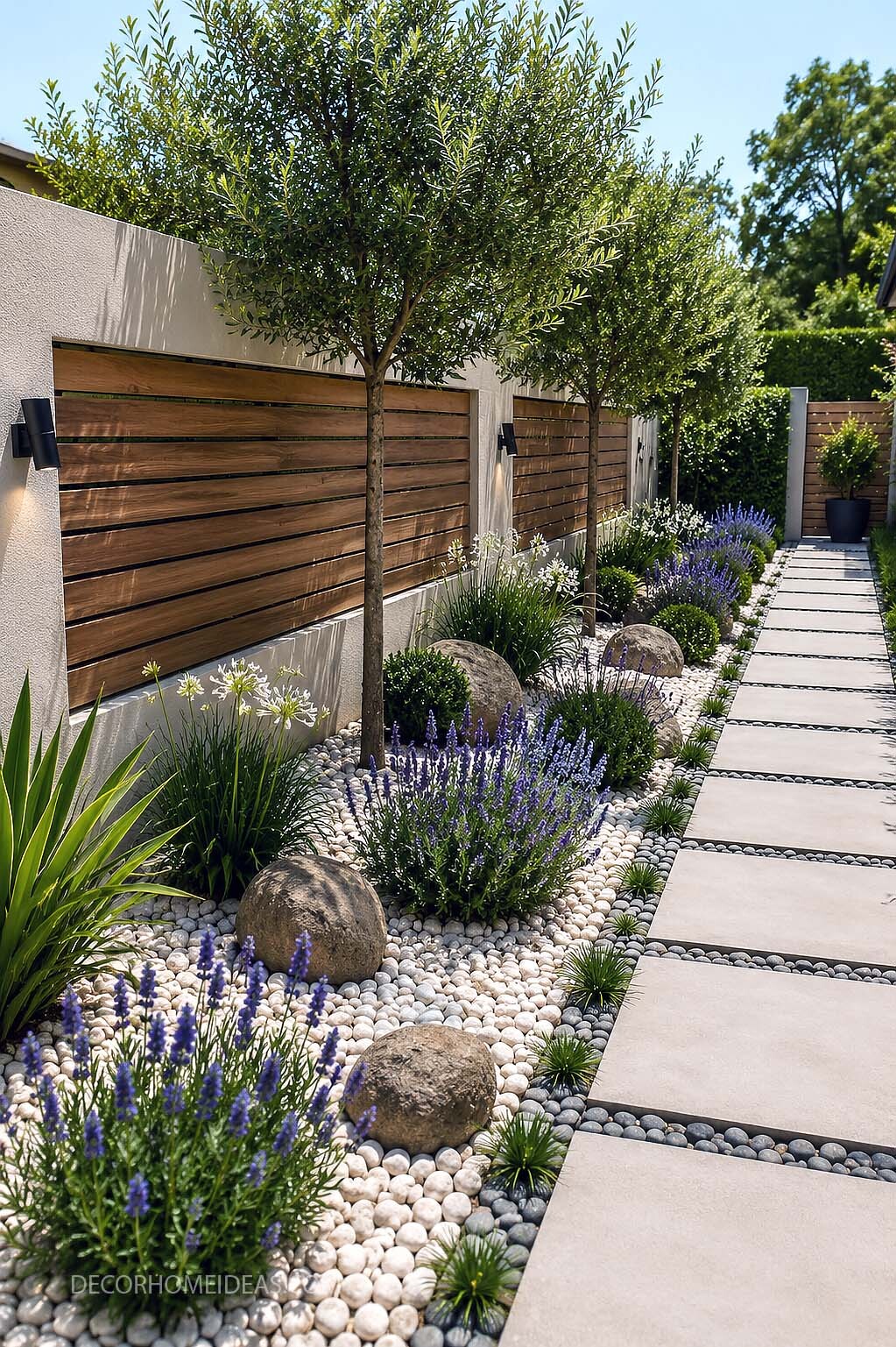 Modern Side Yard Walkway With Lavender and White Pebble Landscaping