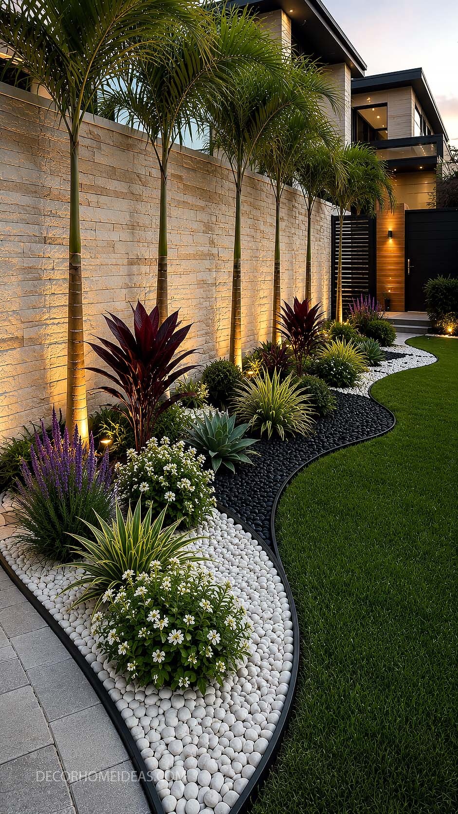 Modern Tropical Garden Border with Landscape Lighting