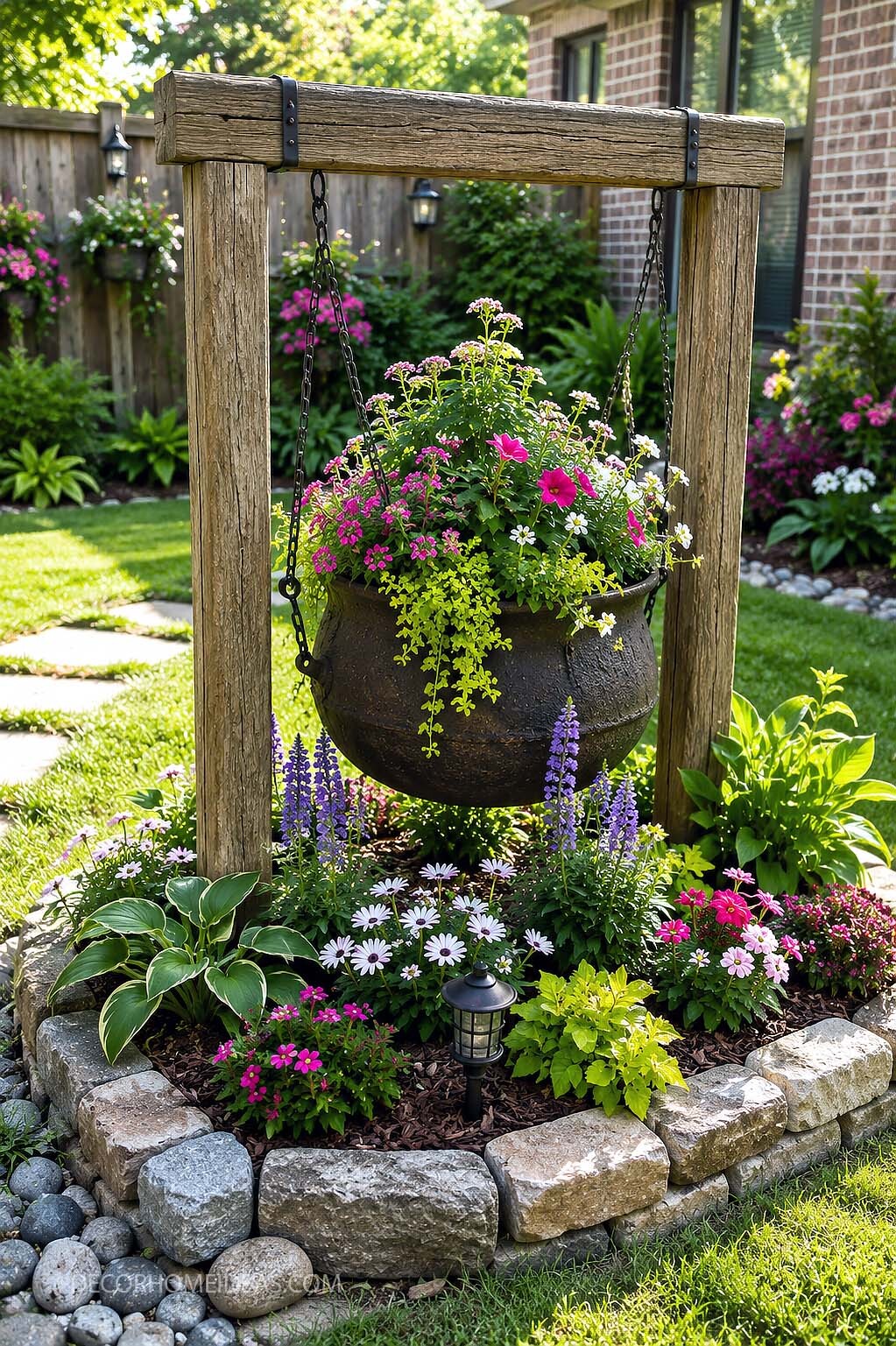Rustic Hanging Planter Garden With Stone Flower Bed Border
