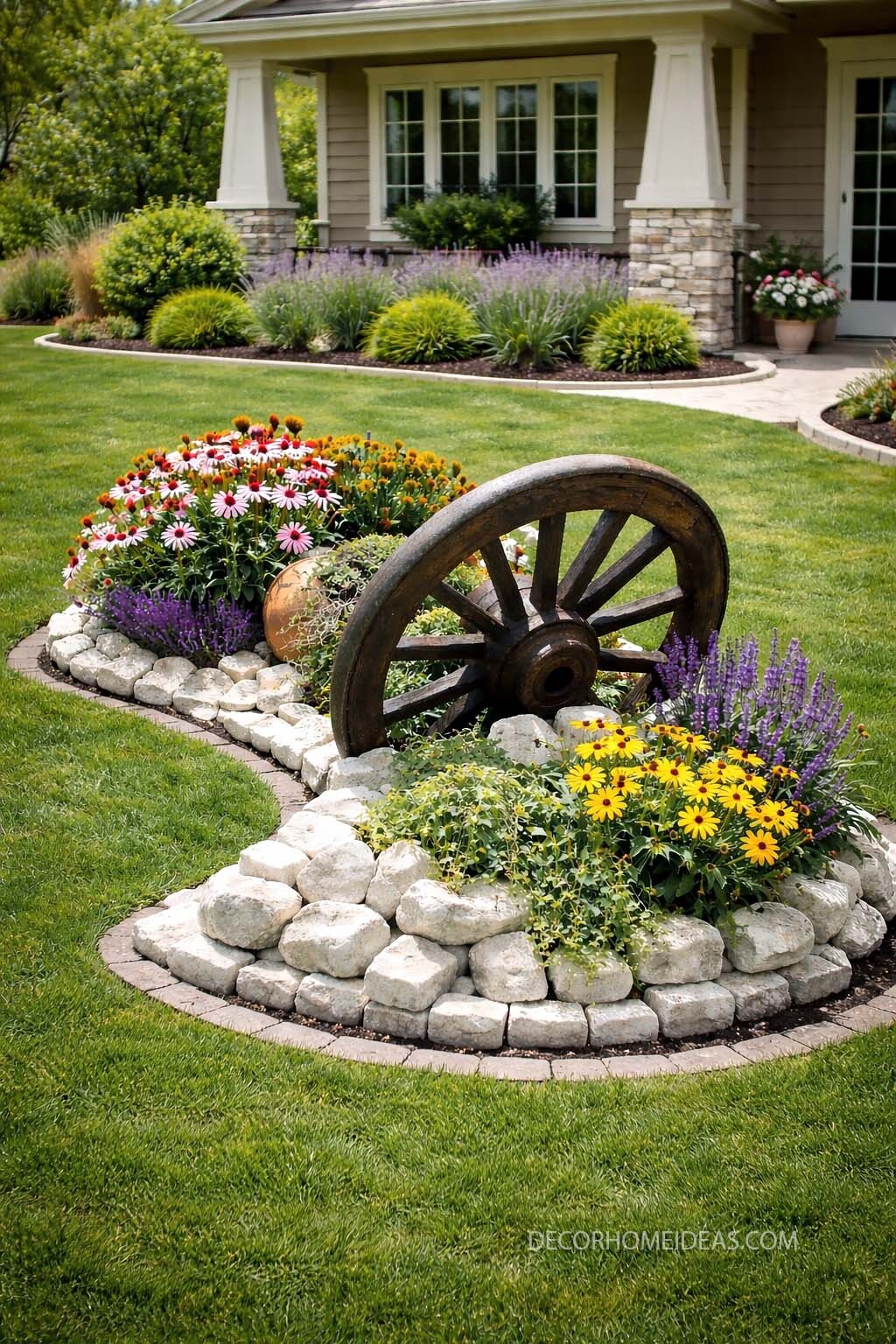 Rustic Wagon Wheel Flower Bed for Charming Front Yard Curb Appeal