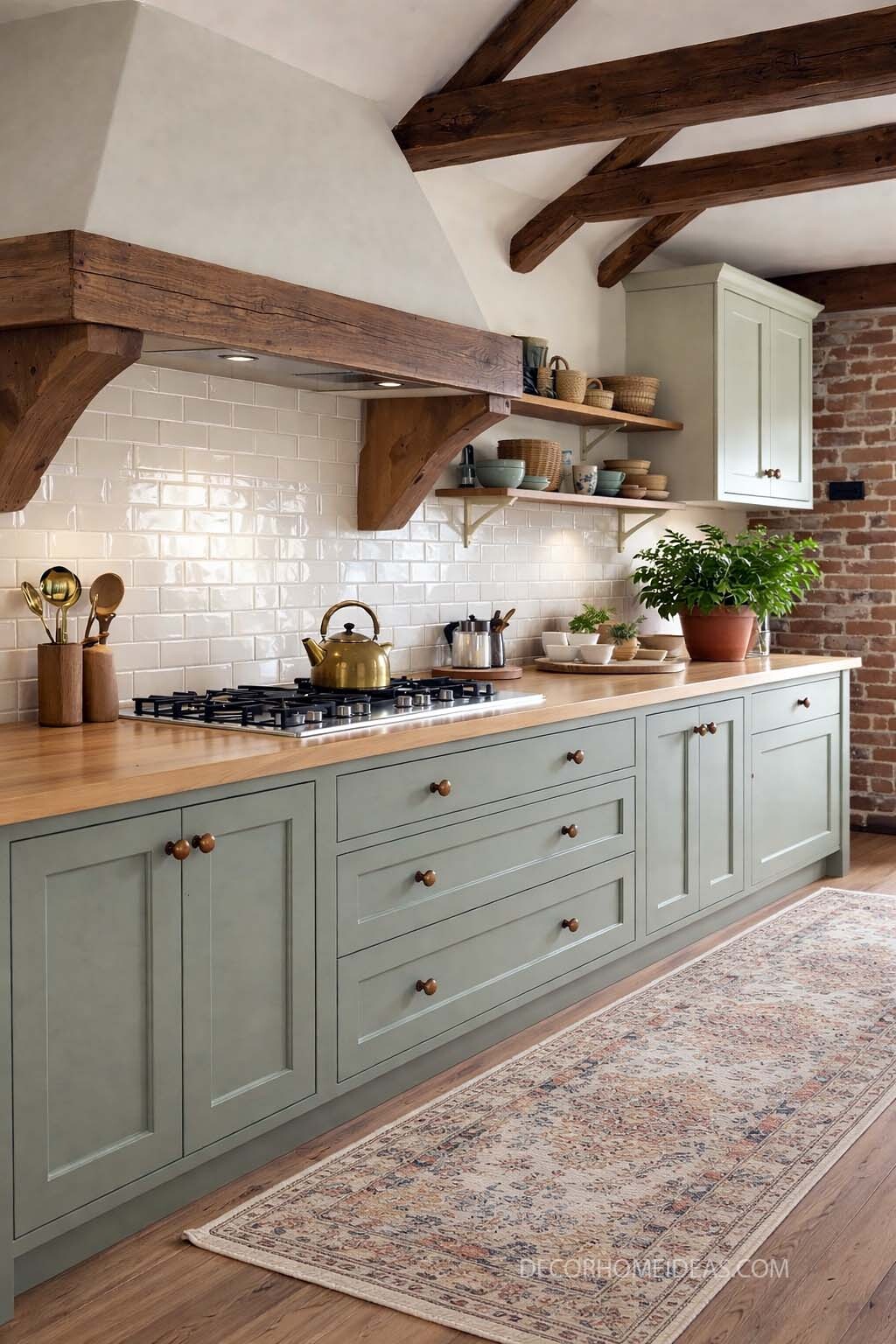 Sage Green Kitchen Cabinets with Wood Beams