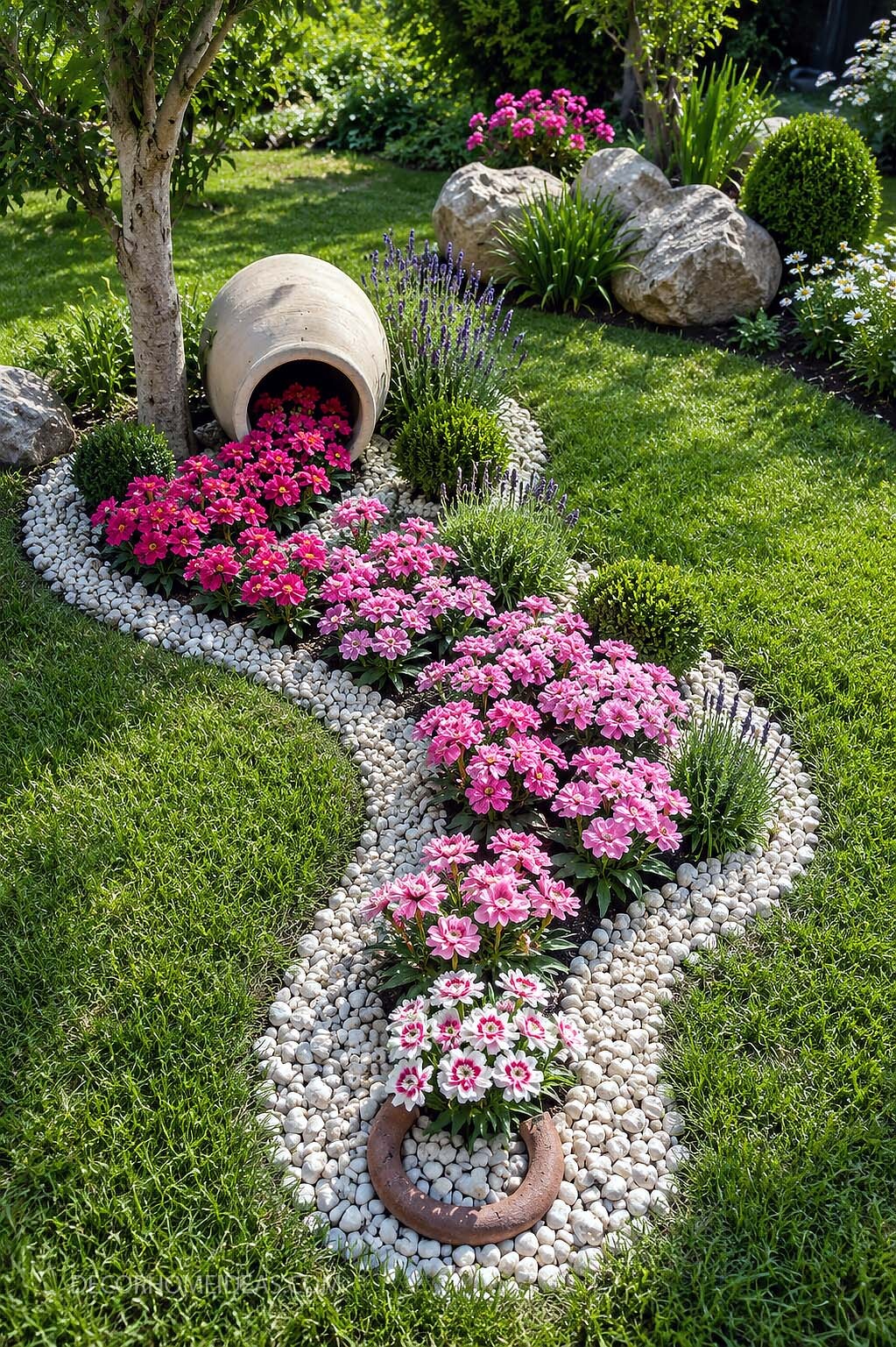 Spilled Pot Flower Bed With White Pebble Garden Border