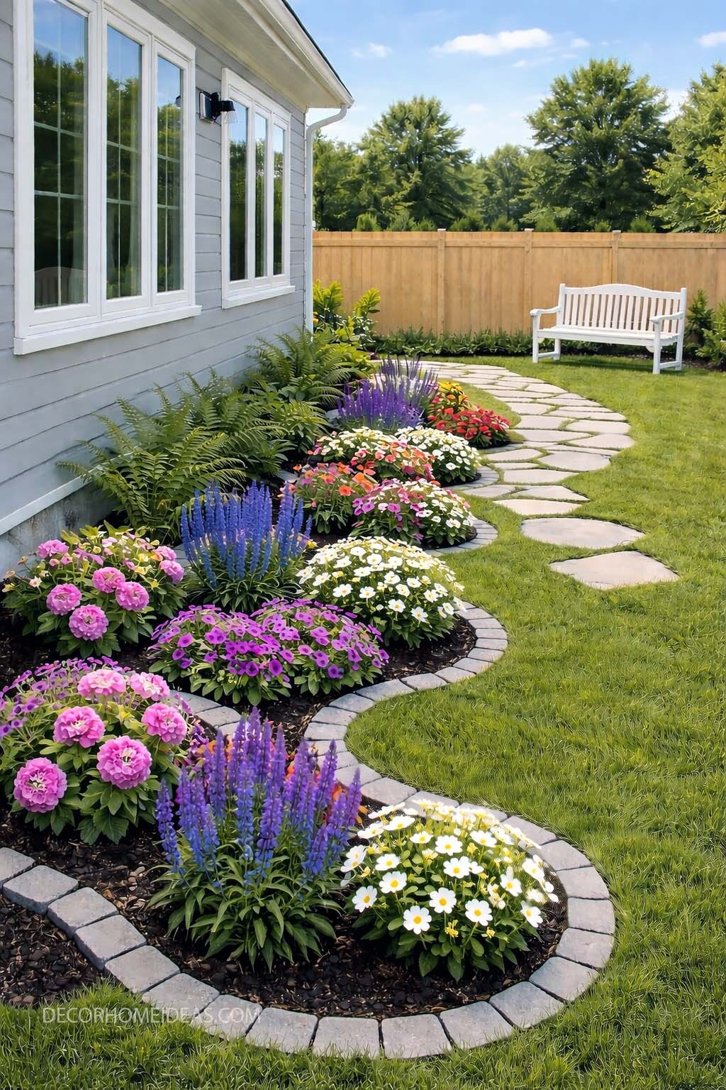 Wavy Flower Bed Border with Side Yard Stepping Stone Path