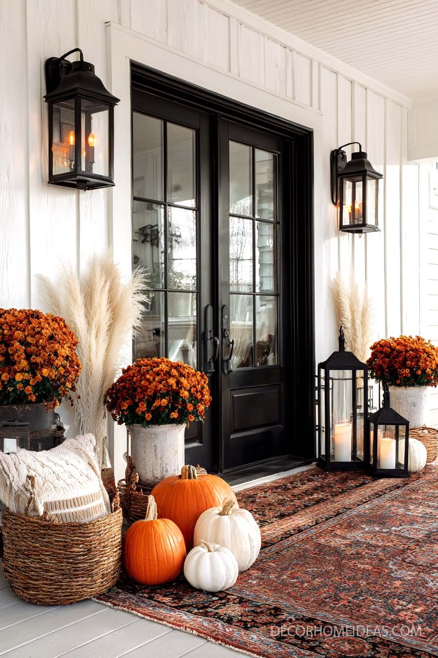 Cozy Fall Porch Decor with Pumpkins, Mums & Lanterns