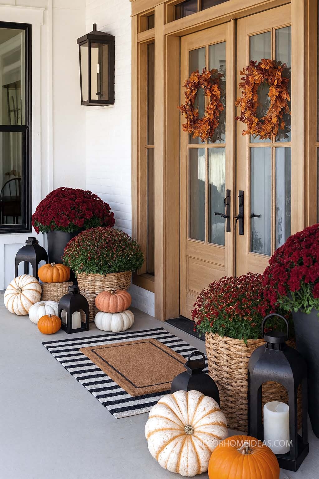Neutral Fall Front Porch with Pumpkins and Red Mums