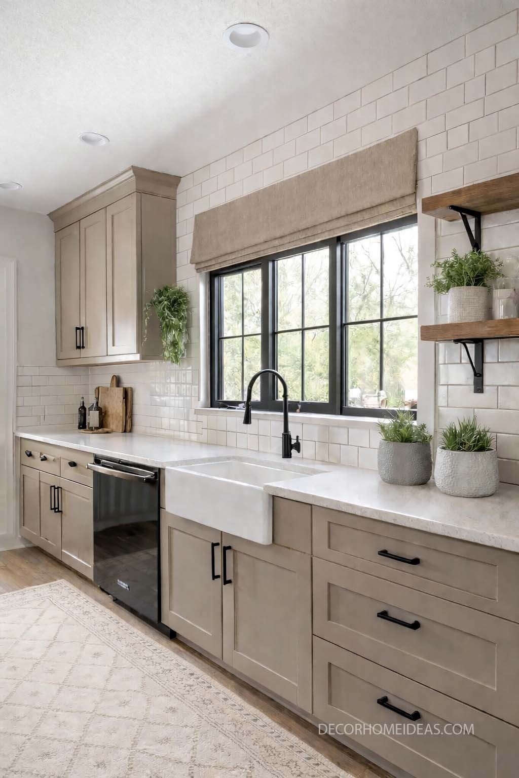 Neutral Modern Farmhouse Kitchen with Black Windows and Apron Sink