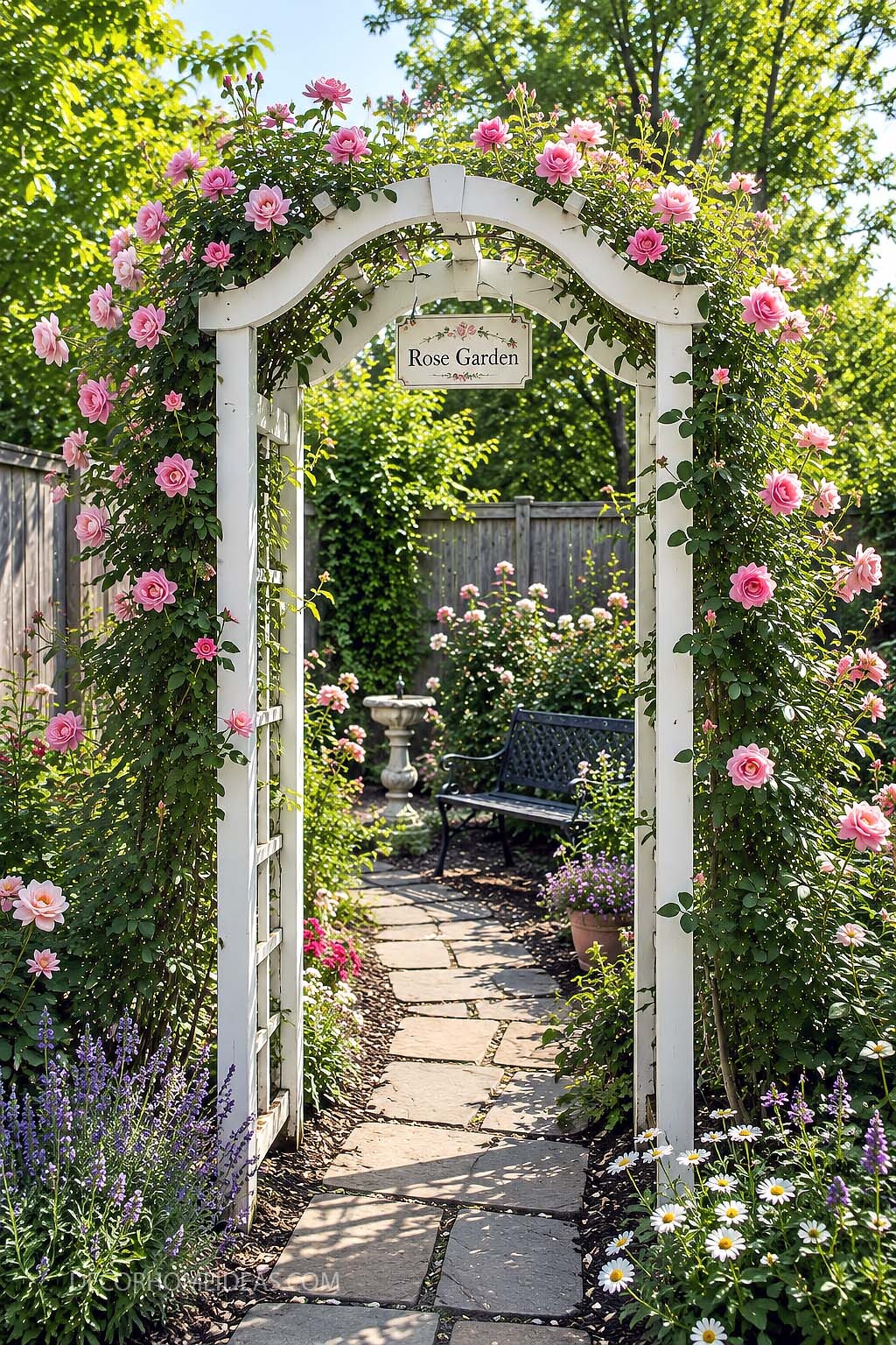 Charming Rose Garden Arbor With Stone Pathway and Cottage Flowers