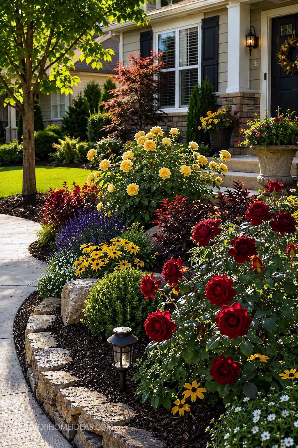 Colorful Front Yard Rose Garden With Stone Border