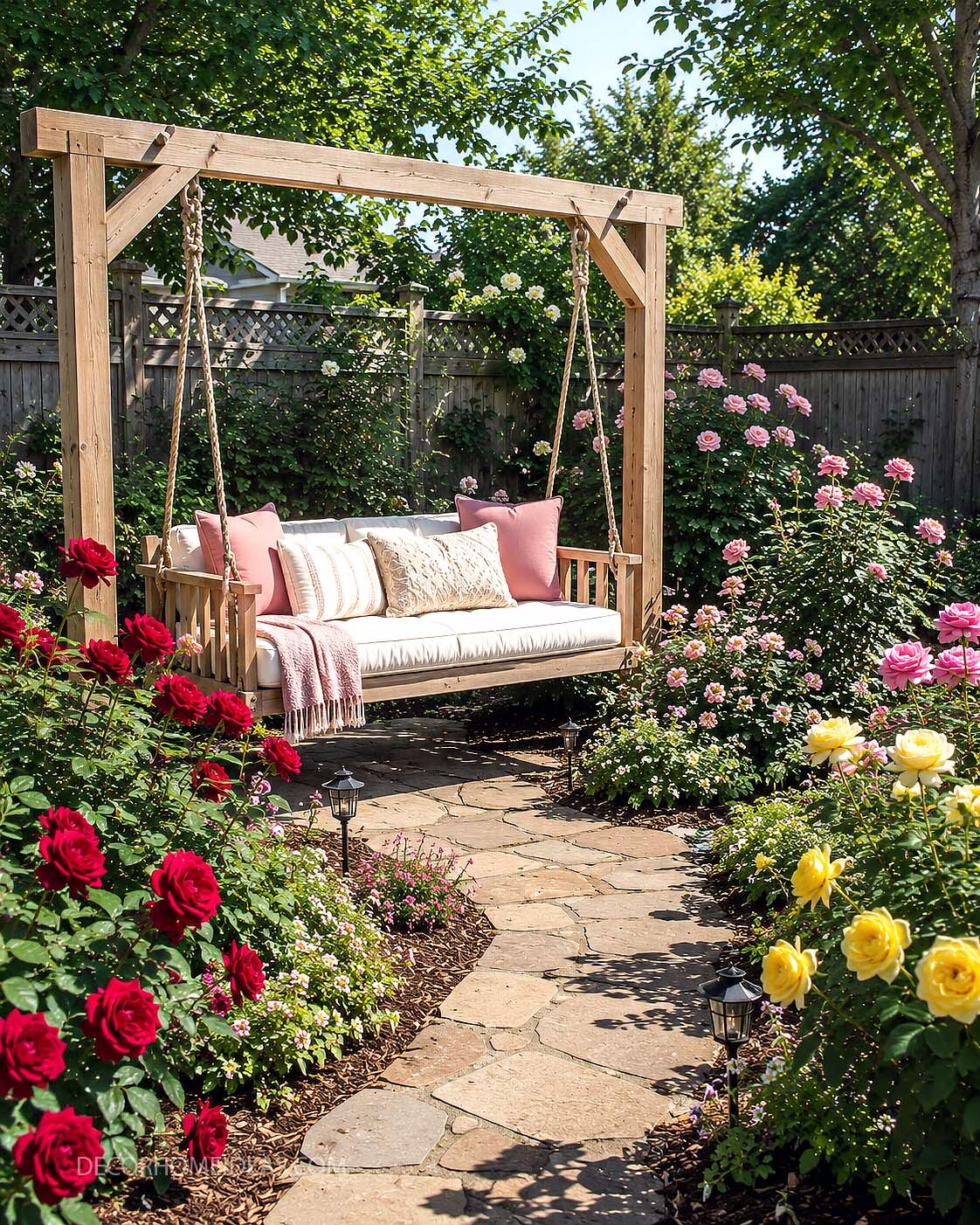 Cozy Backyard Rose Garden With Wooden Swing