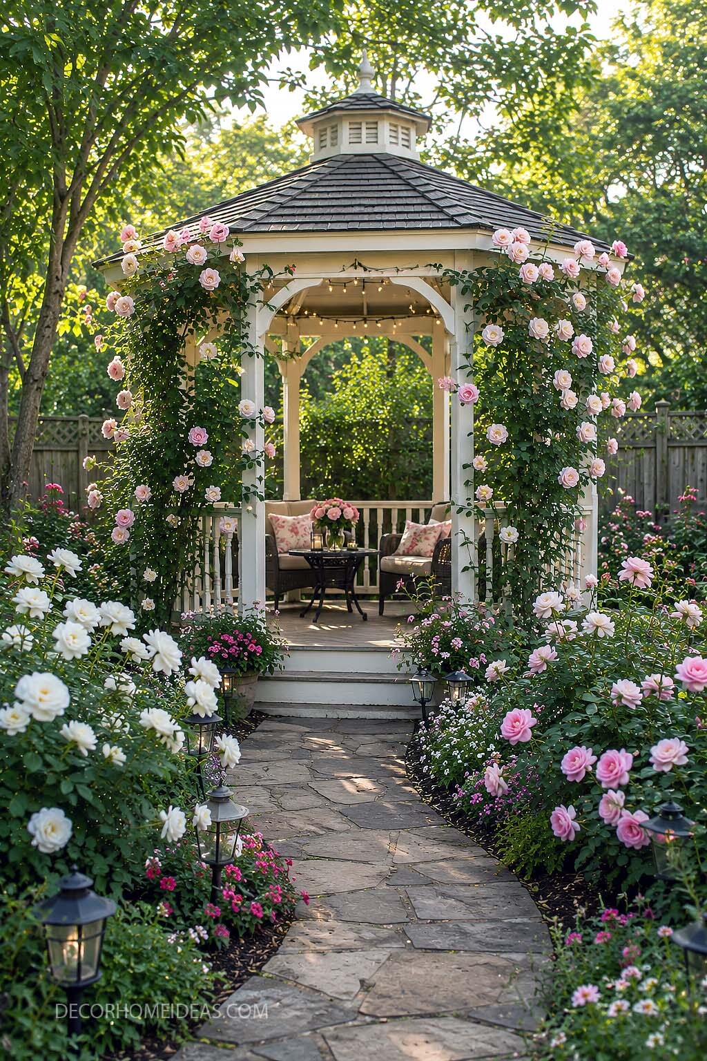 Romantic Rose Garden Gazebo With Stone Pathway