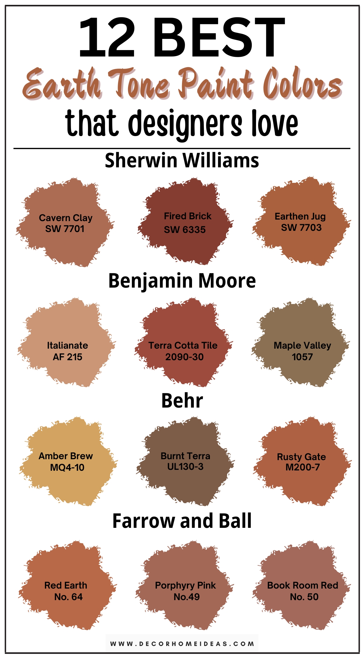 Discover 12 earthy paint colors that bring a natural and inviting feel to your space. These warm, grounding tones, from soft browns and muted greens to rich terracottas and deep taupes, create a cozy and organic atmosphere. Perfect for living rooms, bedrooms, or dining areas, these designer-recommended earth tones evoke the beauty of nature while adding warmth and depth to your interiors. Transform your home into a serene, welcoming retreat with these timeless earth tone paint colors.