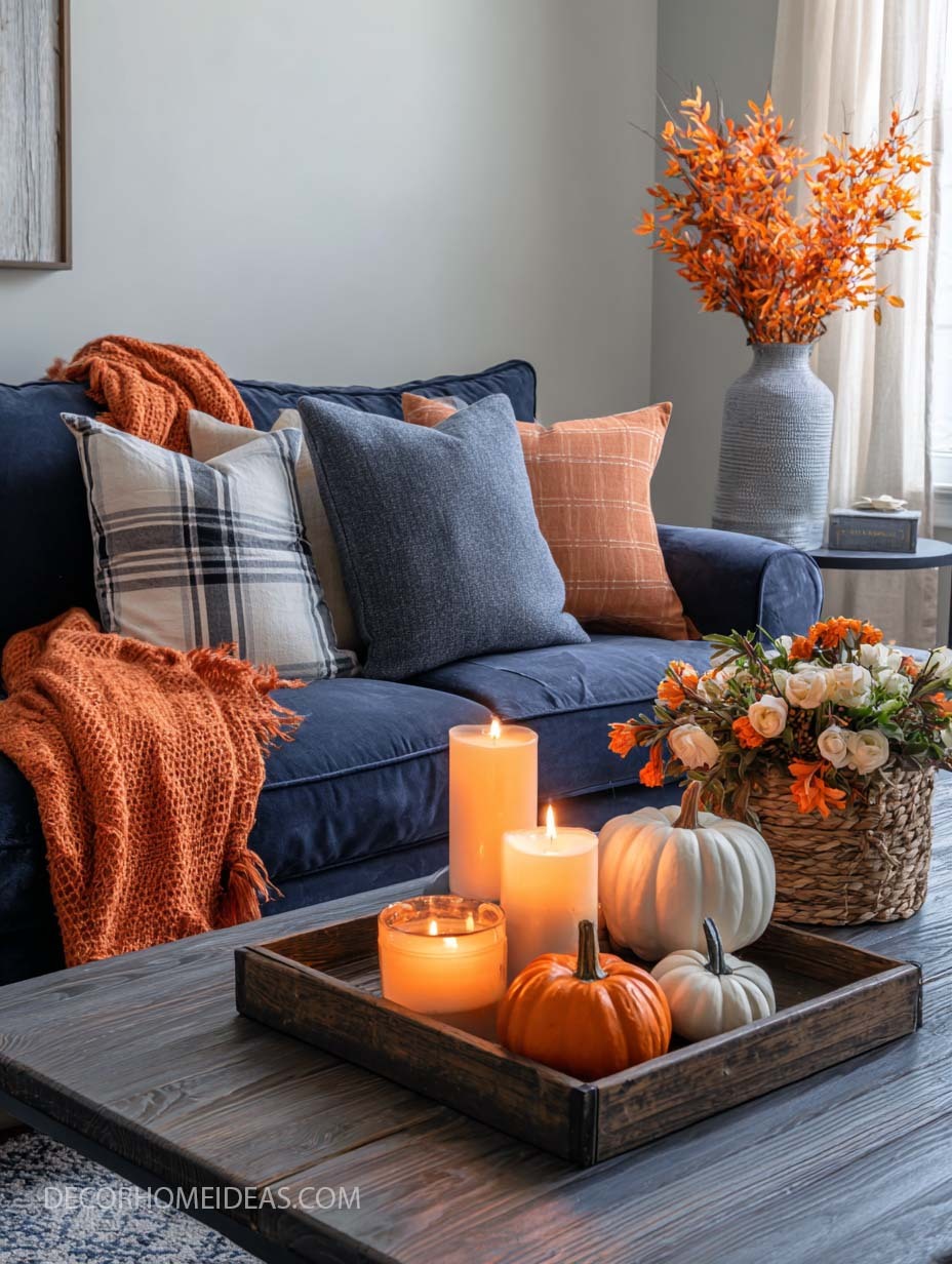 Cozy Fall Living Room Decor with Pumpkins, Candles & Rustic Vibes