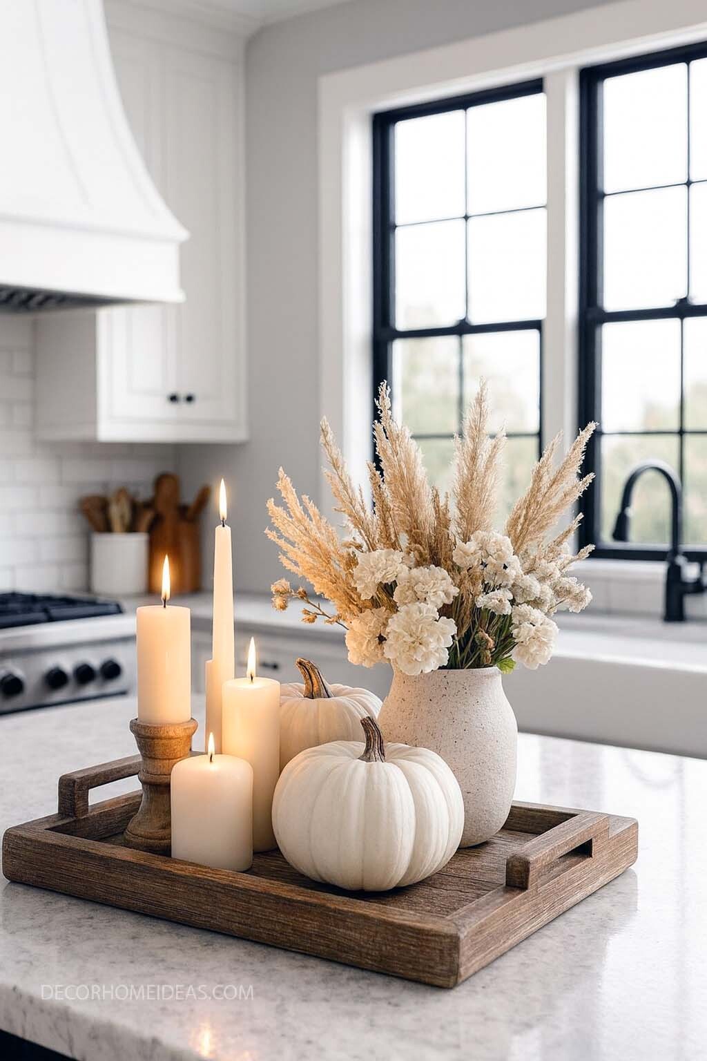 Neutral Fall Kitchen Decor with Elegant Candle & Pumpkin Centerpiece
