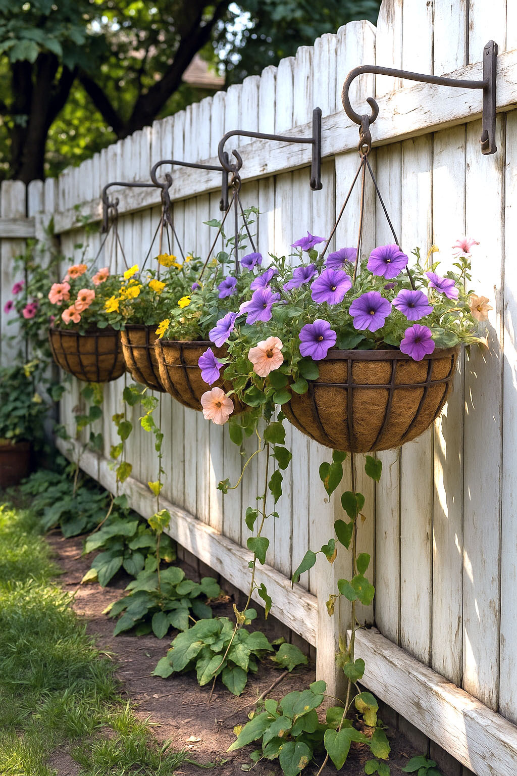 Charming Fence Garden with Hanging Baskets & Rustic Touches