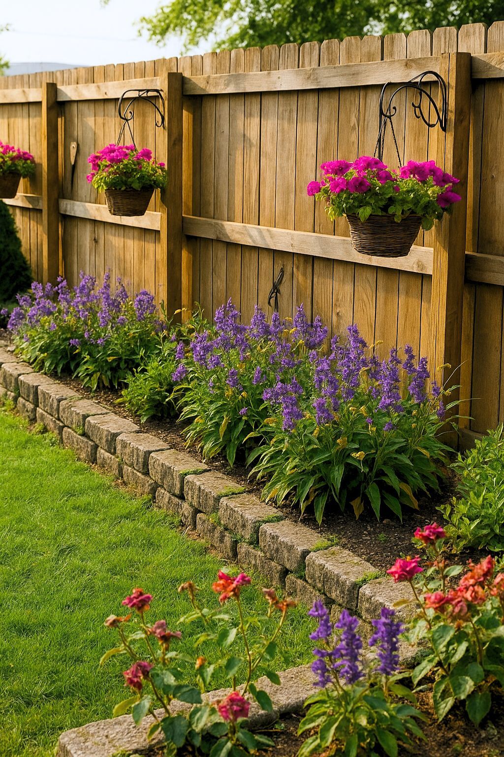 Charming Fence Line Flower Bed with Purple Blooms & Rustic Pavers 3