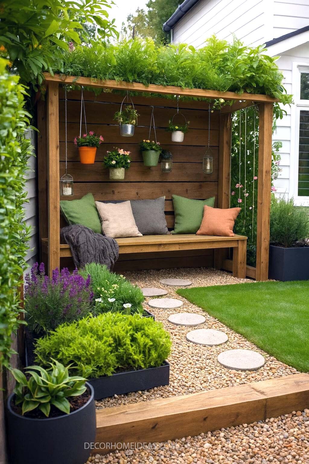 Cozy Garden Nook with Hanging Plants & Round Stone Pathway