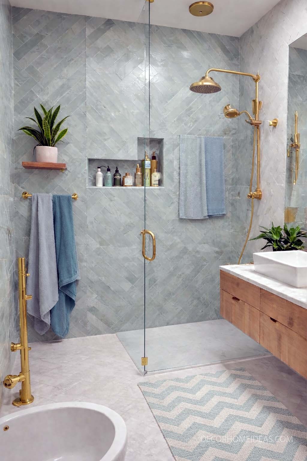 Spa Like Green Tile Bathroom with Gold Shower Fixtures