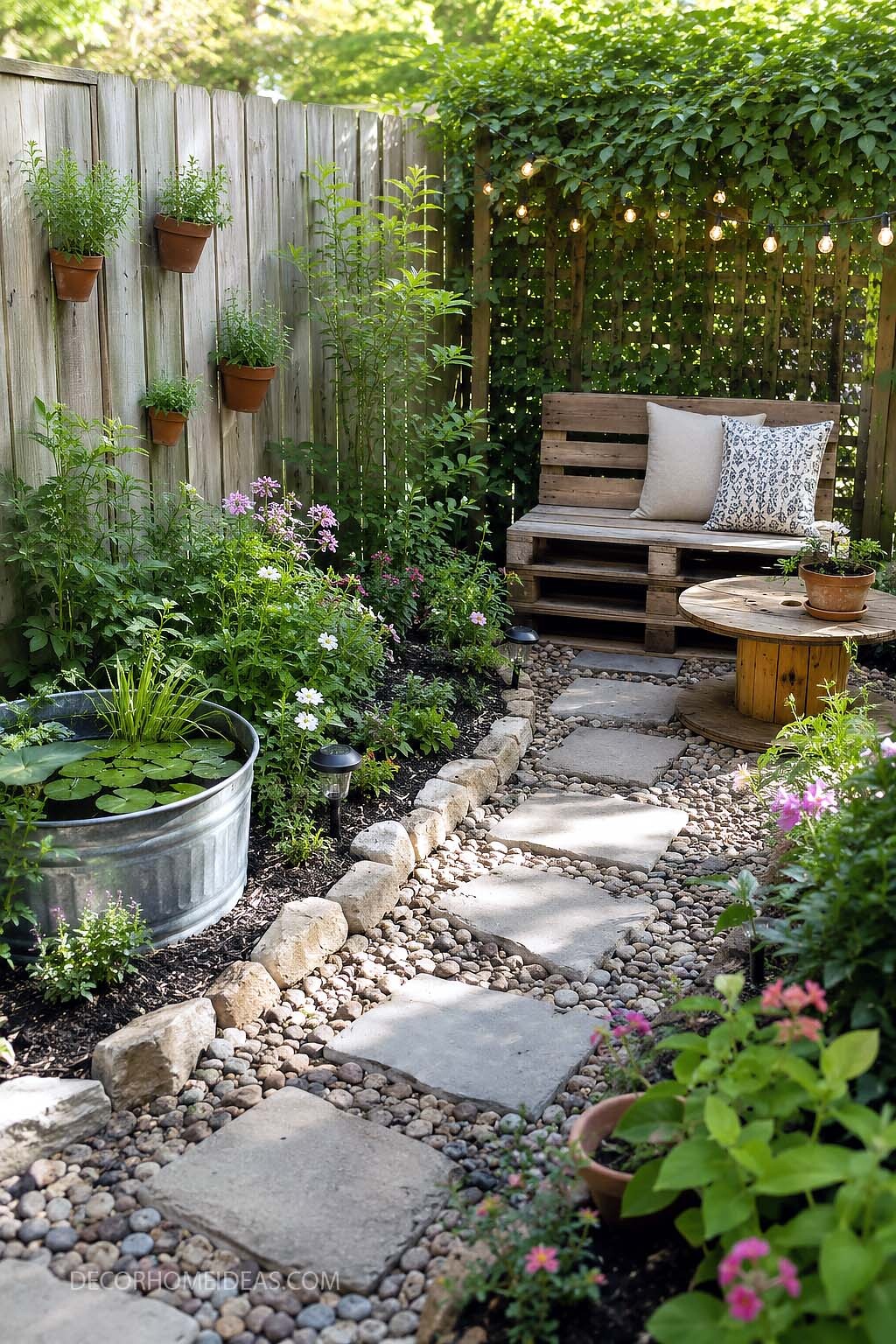 Cozy Small Backyard Garden With DIY Pallet Bench and Stone Path
