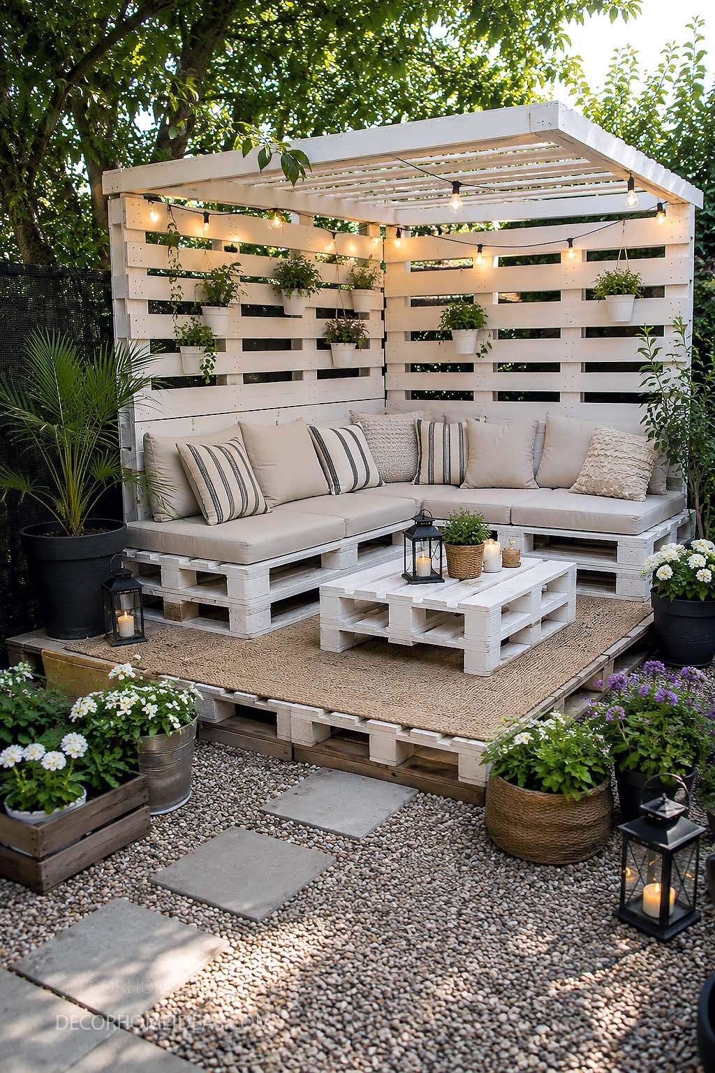 DIY White Pallet Patio Lounge With String Lights