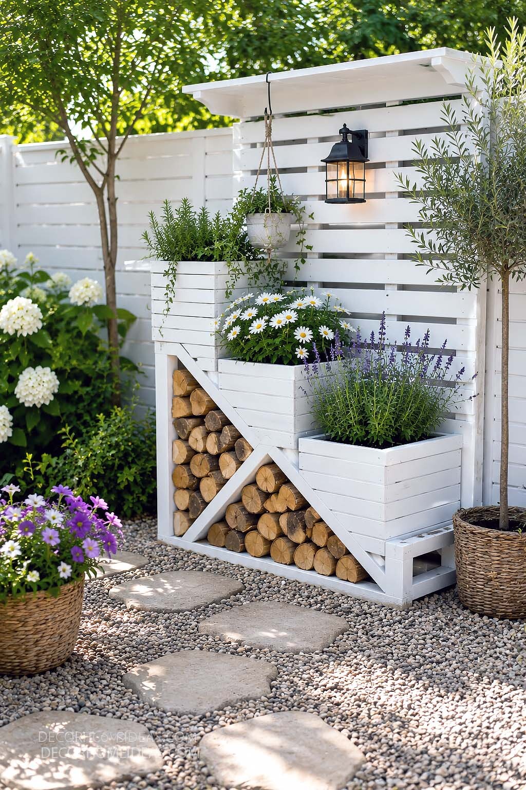 White Garden Log Storage Wall With Built In Planters