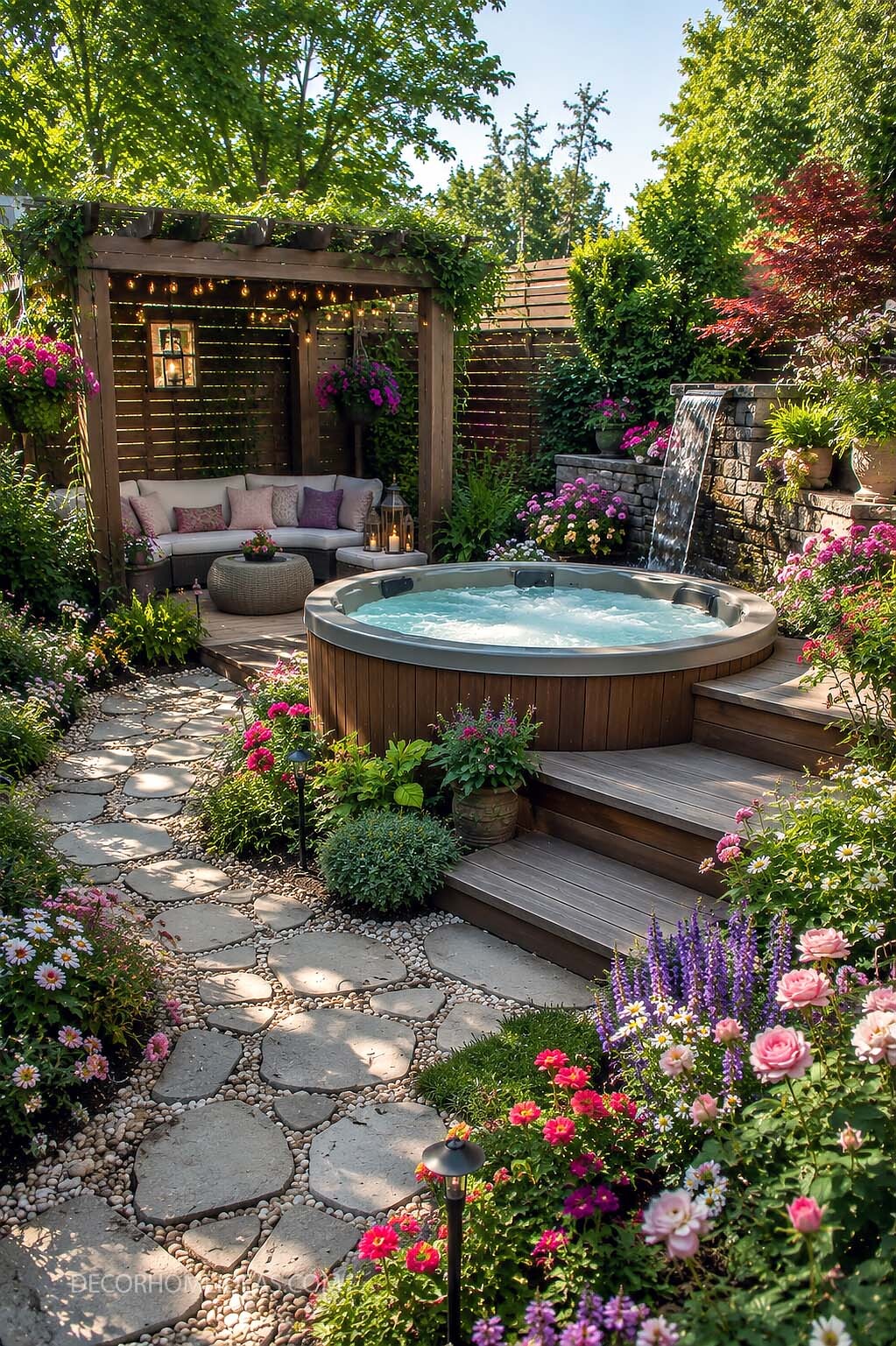 Backyard Hot Tub Oasis With Waterfall and Pergola