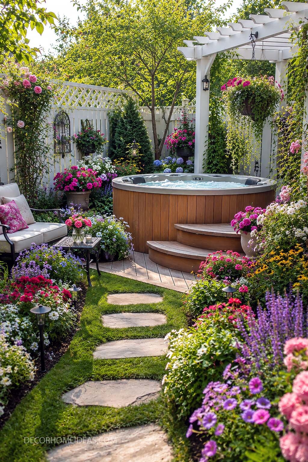 Romantic Garden Hot Tub Under a White Pergola