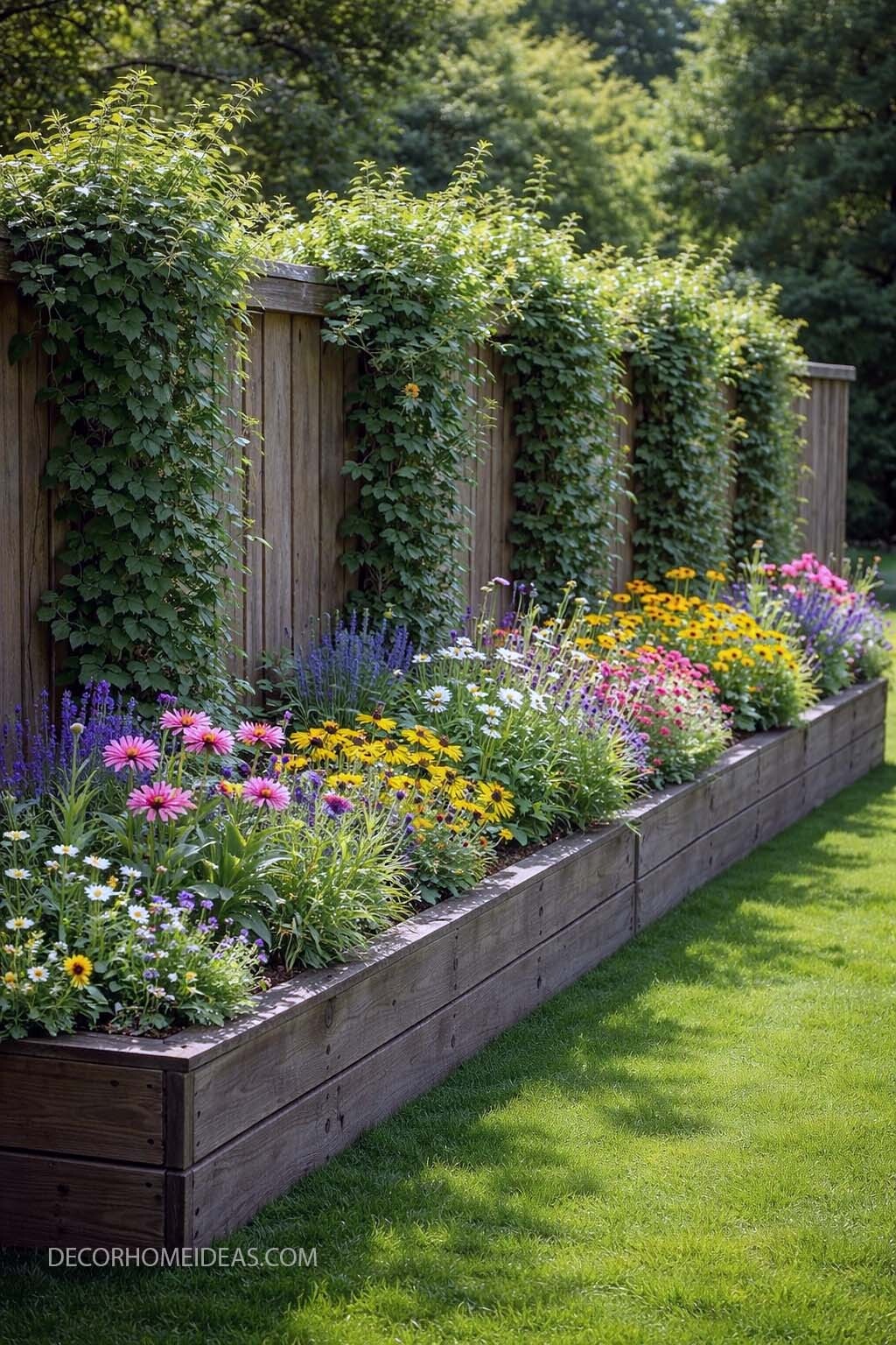 Colorful Raised Flower Bed Along Fence with Climbing Greenery