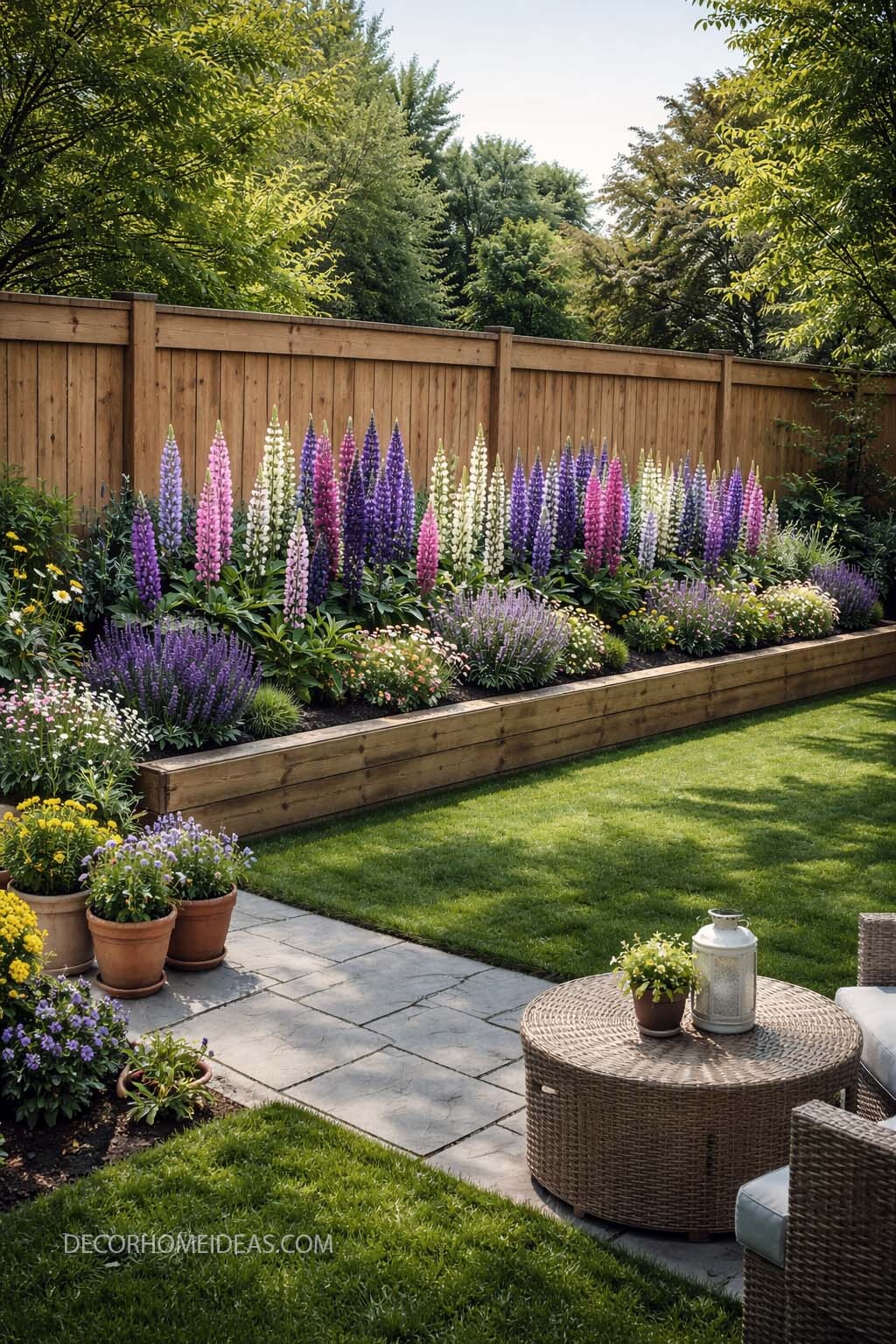 Colorful Raised Flower Bed Fence Garden with Cozy Patio Seating