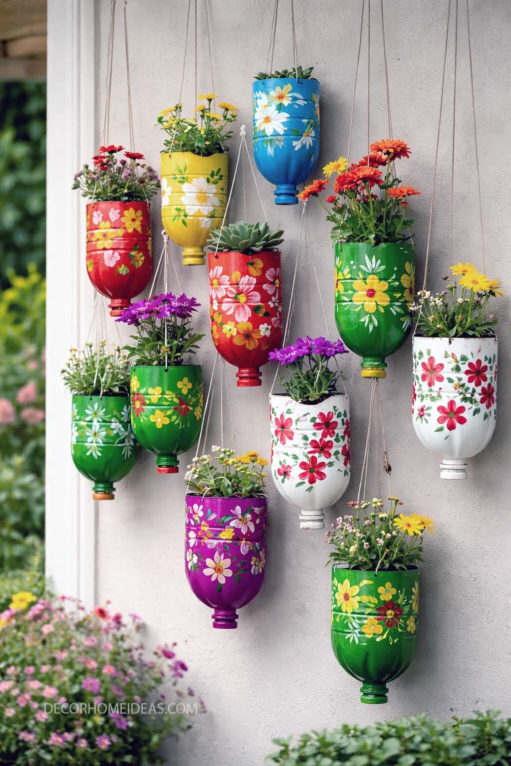 DIY Hanging Bottle Planters for a Colorful Garden Wall