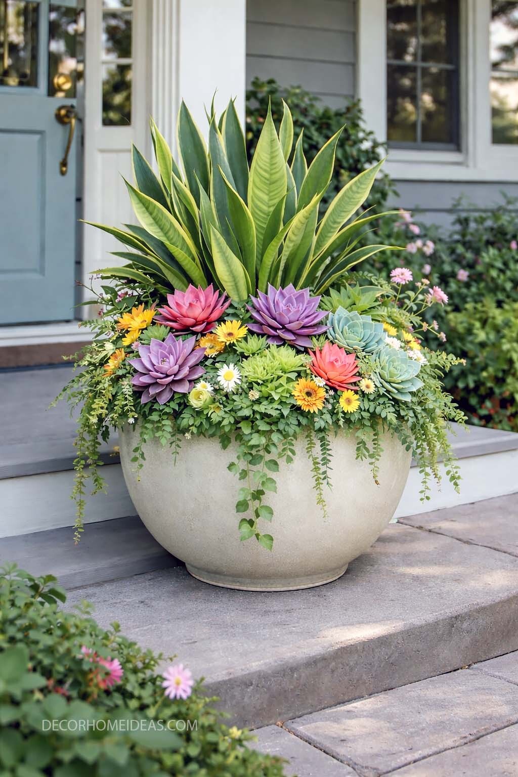 Modern Front Porch Planter with Colorful Succulents and Snake Plant