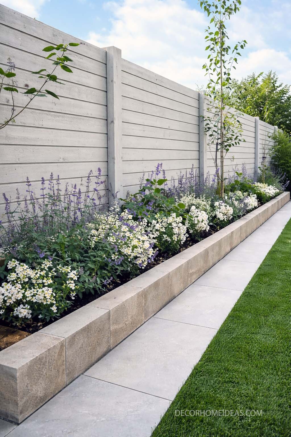 Modern Raised Flower Bed Along Fence