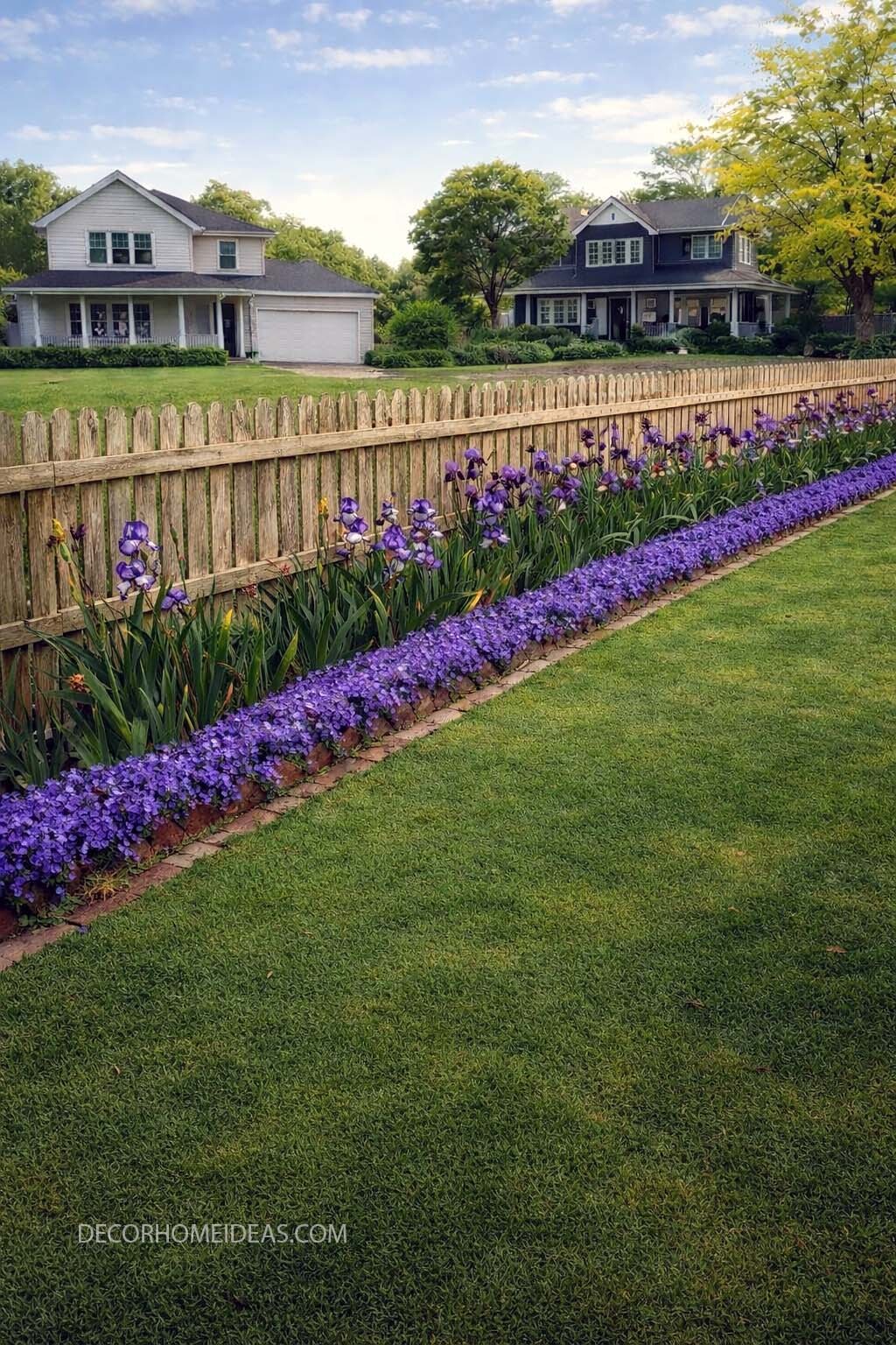 Simple Backyard Fence Flower Border with Purple Blooms
