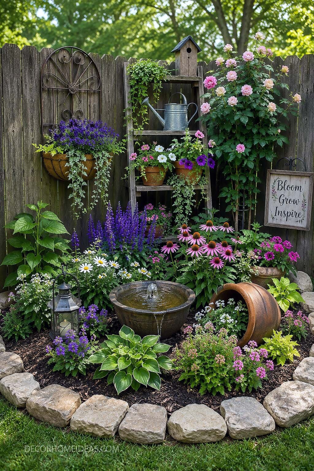 Charming Cottage Garden Corner With Water Fountain and Roses