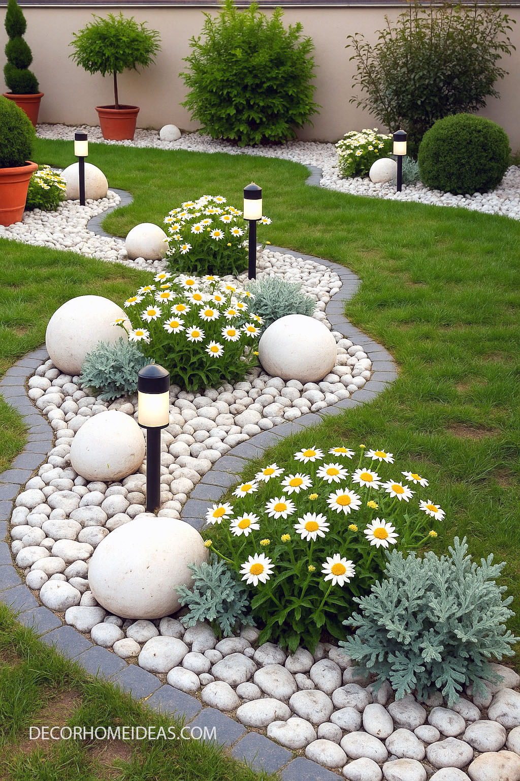 Genius Modern Garden Layout with Pebble Path, Flower Borders & Chic Lighting