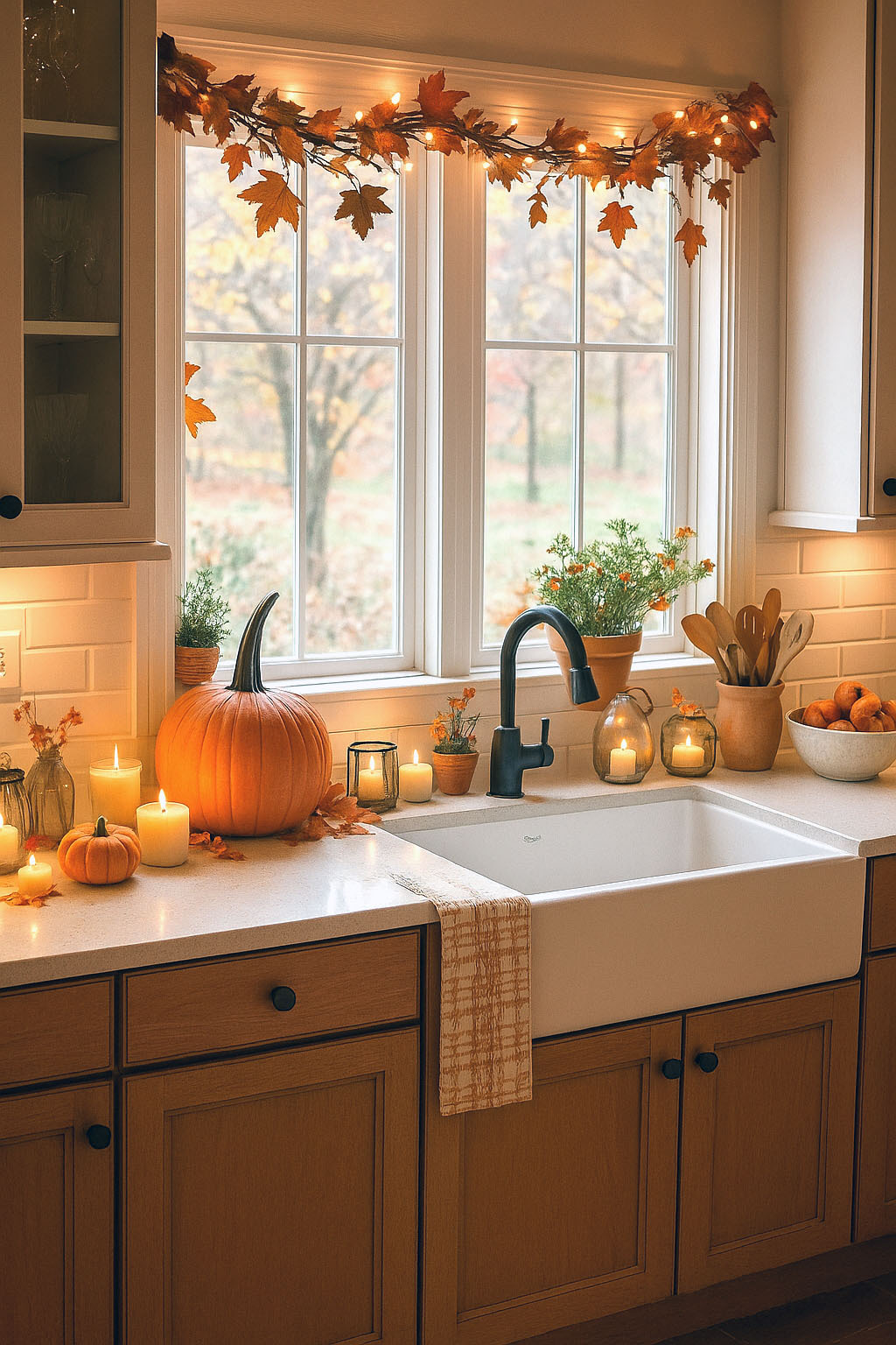 Autumn Kitchen Glow Up with Warm Wood & Pumpkin Decor