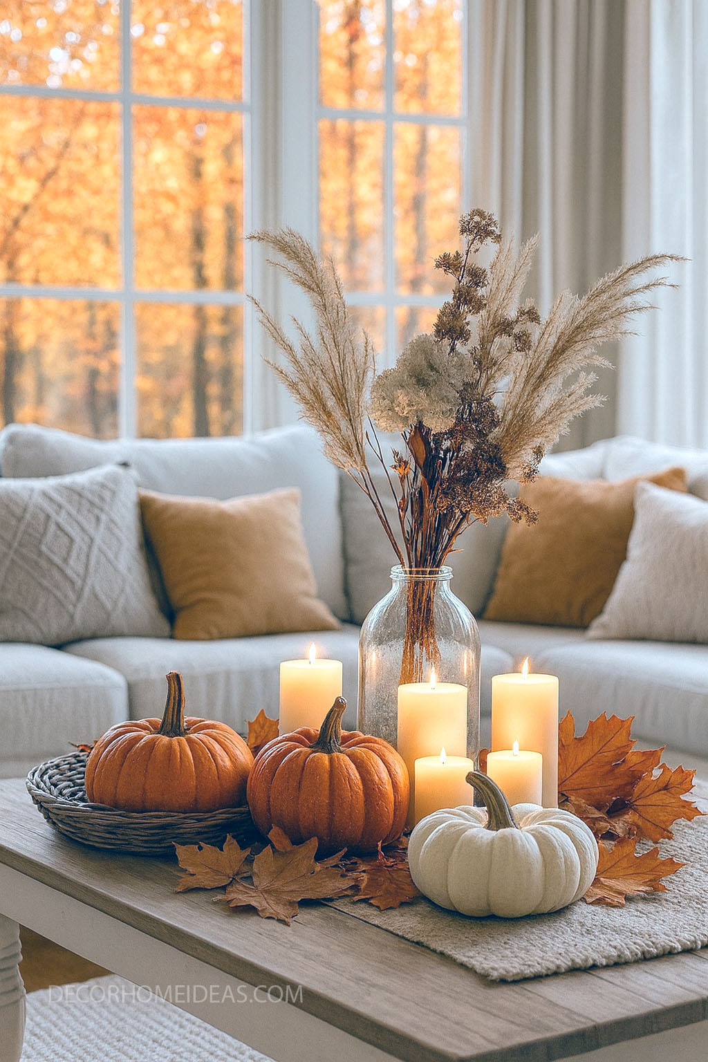 Cozy Autumn Living Room with Pumpkins & Candlelit Centerpiece