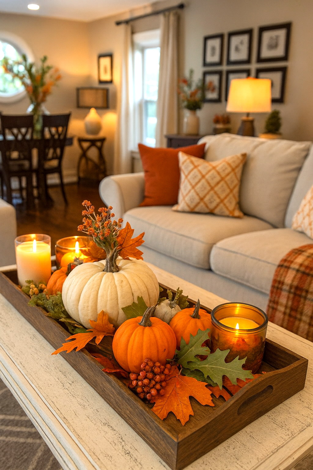 Cozy Fall Living Room Decor with Pumpkins & Candles