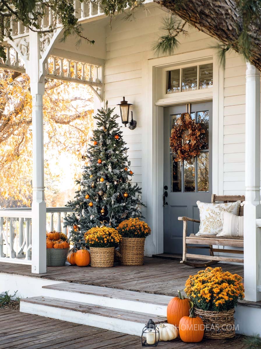 Cozy Farmhouse Fall Porch with a Touch of Christmas Magic