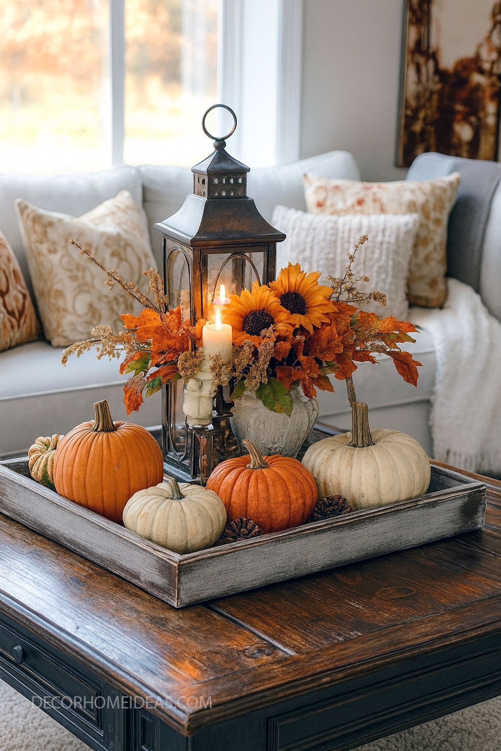 Elegant Fall Coffee Table Centerpiece with Pumpkins & Lantern Charm1