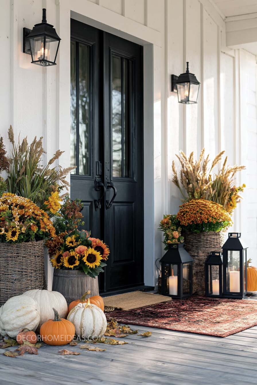 Fall Front Porch Decor with Sunflowers, Pumpkins & Rustic Lanterns