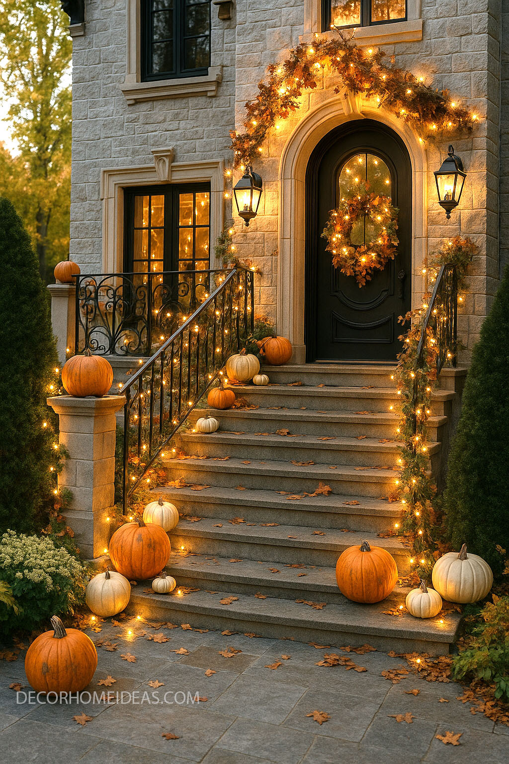 Magical Fall Porch Decor with Pumpkins & String Lights