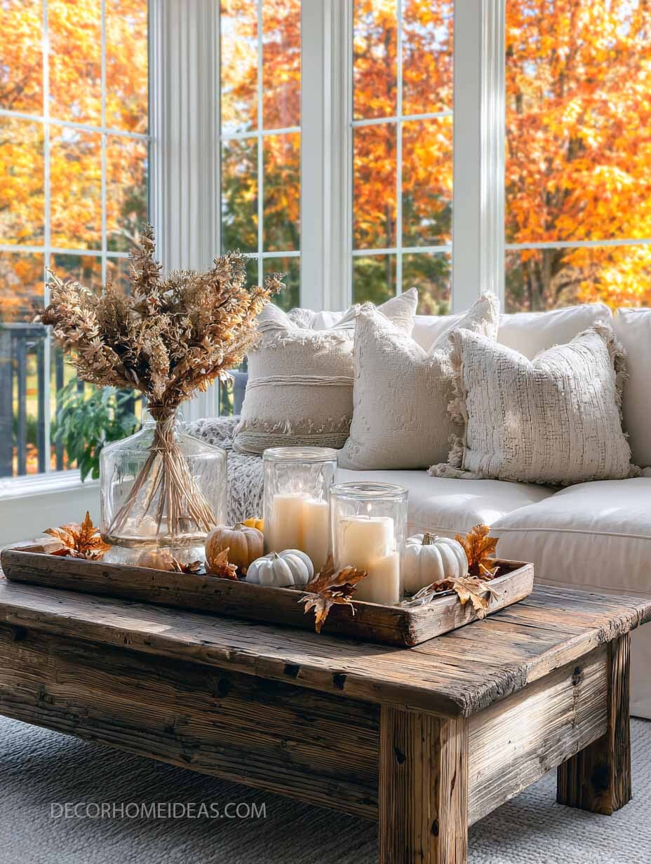 Rustic Autumn Living Room with Cozy Coffee Table Centerpiece