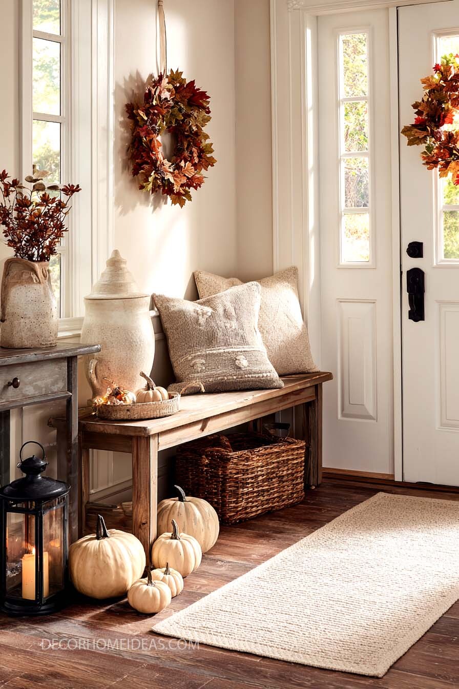 Cozy Neutral Fall Entryway Decor with Rustic Touches