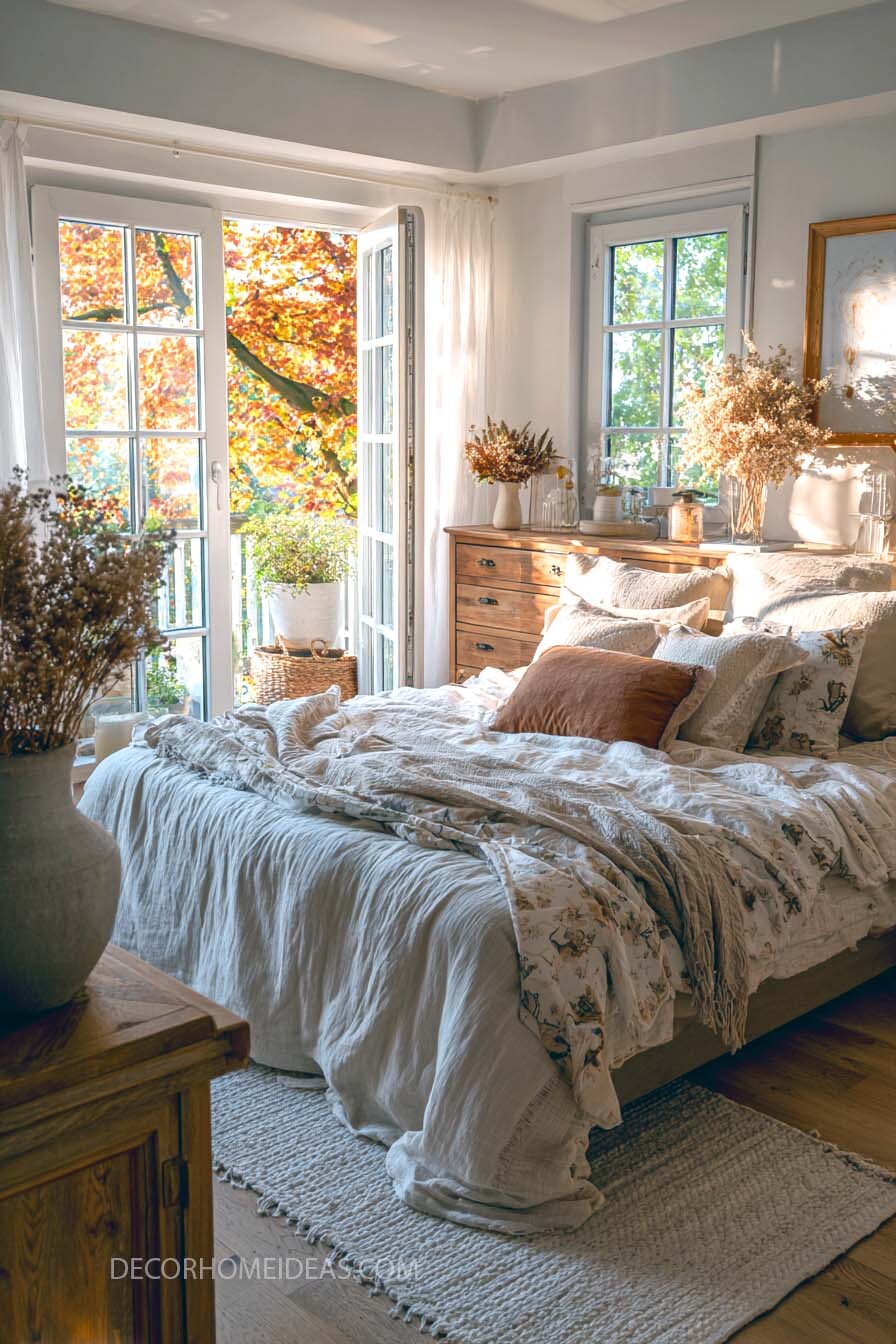 Fall Bedroom With Layered Neutral Bedding and Dried Flower Accents