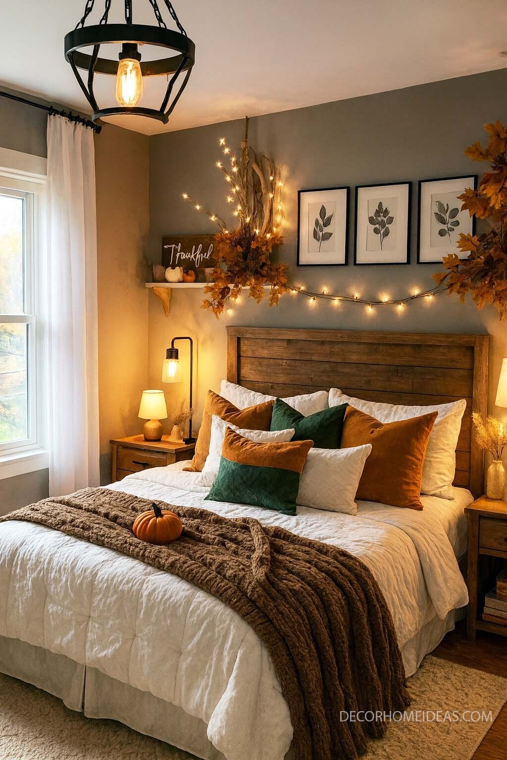 Rustic Fall Bedroom with Wood Headboard, Fairy Lights & Pumpkin Decor