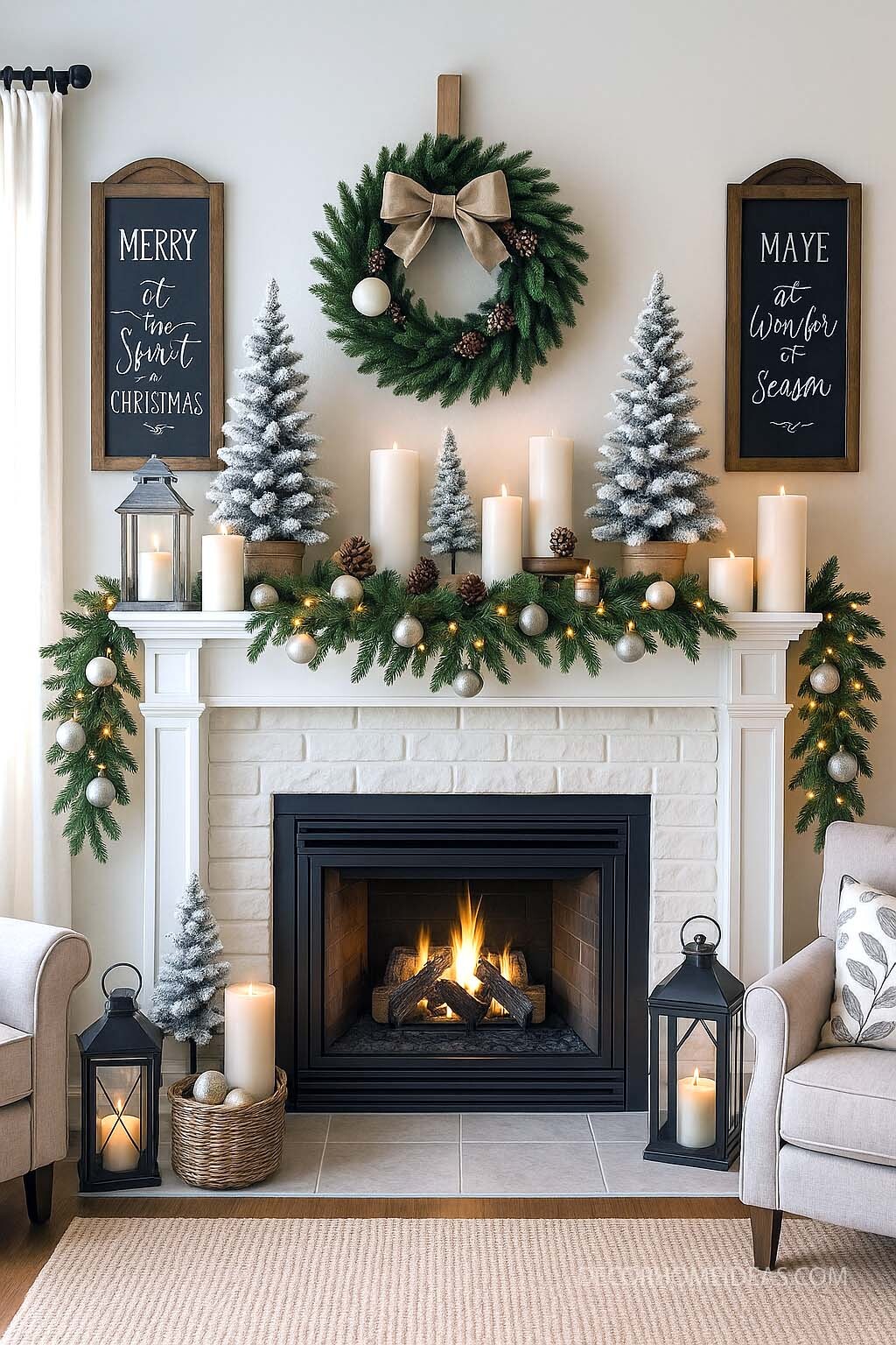 Neutral Christmas Fireplace Decor with Cozy Winter Elegance
