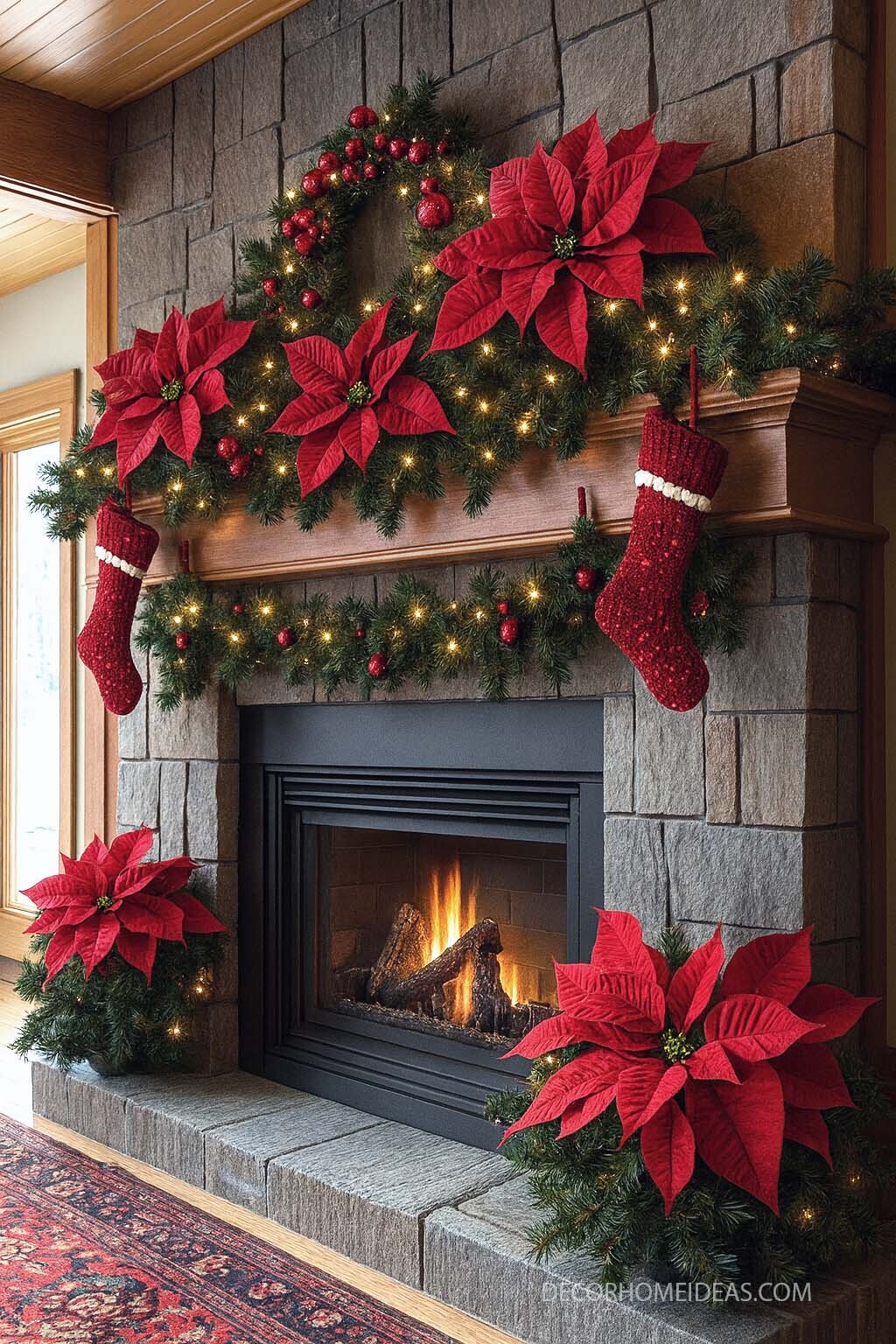 Warm & Inviting Christmas Fireplace Decor with Red Poinsettias & Neutral Touches
